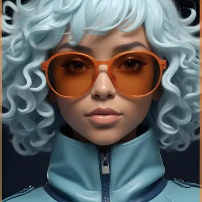 Adorable Cartoon Style A Caucasian Woman 23 Years Old With Dark Skin Orange Curly Hair Wearing Orange Sunglasses And A Blue Leather Jacket In A Dark Background 3d Render Cartoon 48 C15c