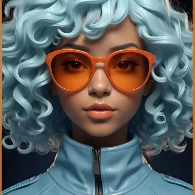 Adorable Cartoon Style A Caucasian Woman 23 Years Old With Dark Skin Orange Curly Hair Wearing Orange Sunglasses And A Blue Leather Jacket In A Dark Background 3d Render Cartoon 52 Bfae
