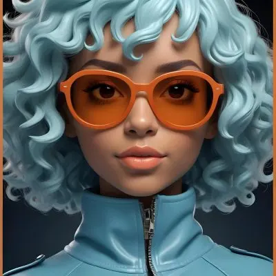 Adorable Cartoon Style A Caucasian Woman 23 Years Old With Dark Skin Orange Curly Hair Wearing Orange Sunglasses And A Blue Leather Jacket In A Dark Background 3d Render Cartoon 54 Cef9