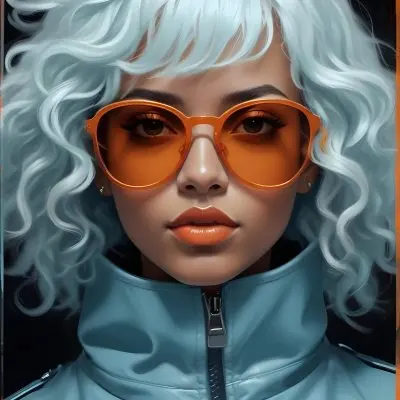 Adorable Cartoon Style A Caucasian Woman 23 Years Old With Dark Skin Orange Curly Hair Wearing Orange Sunglasses And A Blue Leather Jacket In A Dark Background 3d Render Cartoon 6 05a6