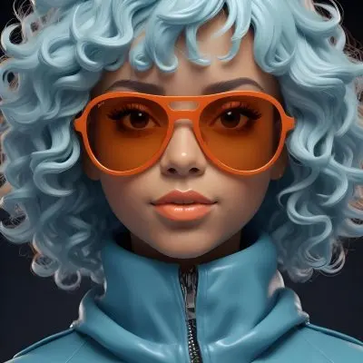 Adorable Cartoon Style A Caucasian Woman 23 Years Old With Dark Skin Orange Curly Hair Wearing Orange Sunglasses And A Blue Leather Jacket In A Dark Background 3d Render Cartoon 70 5489
