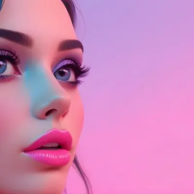 Adorable Cartoon Style A Close Up Portrait Of A Young Woman With Dark Hair Full Lips And Dramatic Eye Makeup In Shades Of Pink And Blue 3d Render Cartoon 39 Be59