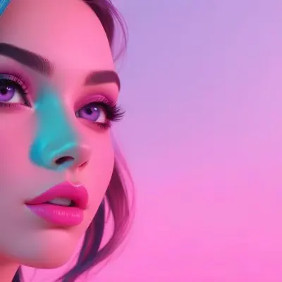 Adorable Cartoon Style A Close Up Portrait Of A Young Woman With Dark Hair Full Lips And Dramatic Eye Makeup In Shades Of Pink And Blue 3d Render Cartoon 42 3e5e