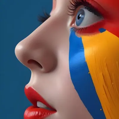Adorable Cartoon Style A White Woman Age 25 With Blue Lips And Long Eyelashes Colorful Paint On Her Face In A Red Background 3d Render Cartoon 23 9b40