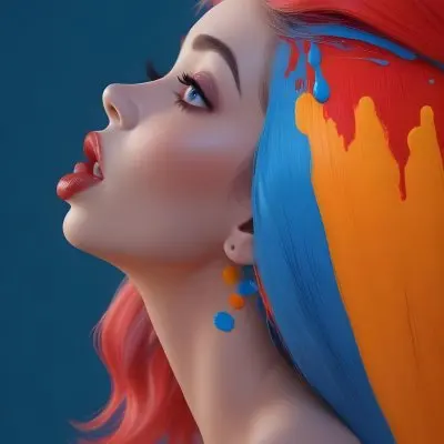 Adorable Cartoon Style A White Woman Age 25 With Blue Lips And Long Eyelashes Colorful Paint On Her Face In A Red Background 3d Render Cartoon 27 202c