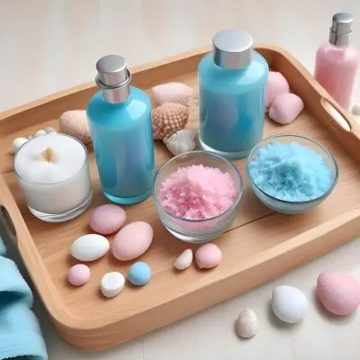 Adorable Cartoon Style A Wooden Tray With Spa Items Including Blue Bath Salts In A Glass Bowl White And Pink Soaps A Small White Bottle And Decorative Shells There Are Also Two Rolled Towels In Light Blue And Pink 3 7d5f
