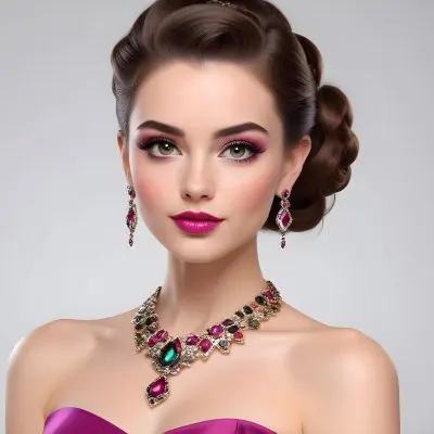 Adorable Cartoon Style A Young Woman With Fair Skin And Long Brown Hair Styled In An Elegant Updo She Has Striking Brown Eyes And Is Wearing Bold Makeup Including Dark Eyeliner And A Deep Pink Lipstick A Decorative P 17 5324