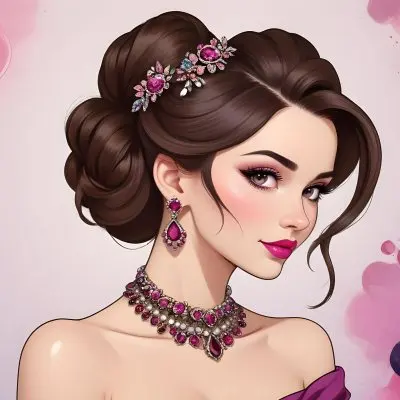 Adorable Cartoon Style A Young Woman With Fair Skin And Long Brown Hair Styled In An Elegant Updo She Has Striking Brown Eyes And Is Wearing Bold Makeup Including Dark Eyeliner And A Deep Pink Lipstick A Decorative P 3 D86a