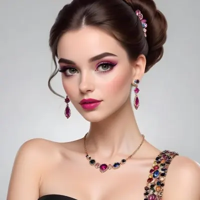 Adorable Cartoon Style A Young Woman With Fair Skin And Long Brown Hair Styled In An Elegant Updo She Has Striking Brown Eyes And Is Wearing Bold Makeup Including Dark Eyeliner And A Deep Pink Lipstick A Decorative P 9 9748