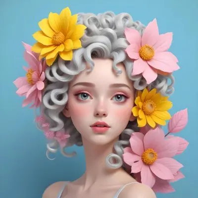 Adorable Cartoon Style A Young Woman With Pale Skin And Curly Light Gray Hair Adorned With Large Pink And Yellow Flowers She Has A Neutral Expression And Is Set Against A Solid Light Blue Background The Flowers Crea 10 Ed9f