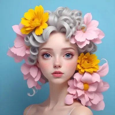 Adorable Cartoon Style A Young Woman With Pale Skin And Curly Light Gray Hair Adorned With Large Pink And Yellow Flowers She Has A Neutral Expression And Is Set Against A Solid Light Blue Background The Flowers Crea 11 3f05
