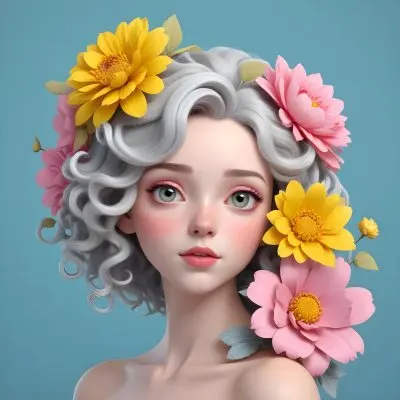 Adorable Cartoon Style A Young Woman With Pale Skin And Curly Light Gray Hair Adorned With Large Pink And Yellow Flowers She Has A Neutral Expression And Is Set Against A Solid Light Blue Background The Flowers Crea 12 3ed6