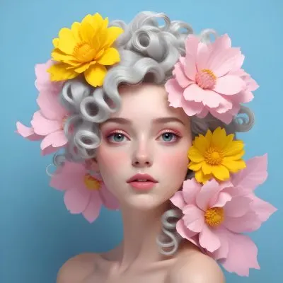 Adorable Cartoon Style A Young Woman With Pale Skin And Curly Light Gray Hair Adorned With Large Pink And Yellow Flowers She Has A Neutral Expression And Is Set Against A Solid Light Blue Background The Flowers Crea 13 B551