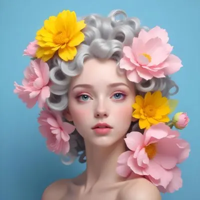 Adorable Cartoon Style A Young Woman With Pale Skin And Curly Light Gray Hair Adorned With Large Pink And Yellow Flowers She Has A Neutral Expression And Is Set Against A Solid Light Blue Background The Flowers Crea 14 D7d5