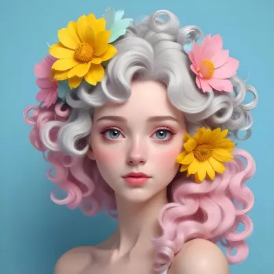 Adorable Cartoon Style A Young Woman With Pale Skin And Curly Light Gray Hair Adorned With Large Pink And Yellow Flowers She Has A Neutral Expression And Is Set Against A Solid Light Blue Background The Flowers Crea 17 3504
