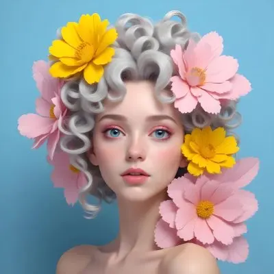 Adorable Cartoon Style A Young Woman With Pale Skin And Curly Light Gray Hair Adorned With Large Pink And Yellow Flowers She Has A Neutral Expression And Is Set Against A Solid Light Blue Background The Flowers Crea 18 Cca7