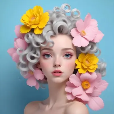 Adorable Cartoon Style A Young Woman With Pale Skin And Curly Light Gray Hair Adorned With Large Pink And Yellow Flowers She Has A Neutral Expression And Is Set Against A Solid Light Blue Background The Flowers Crea 19 D407