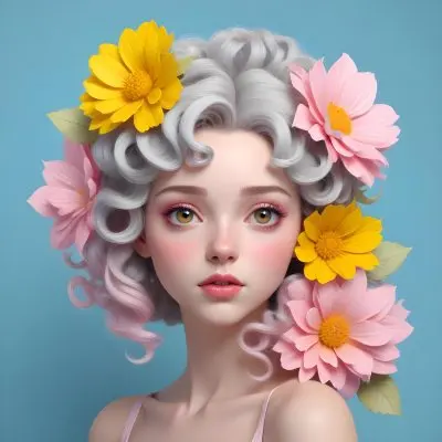 Adorable Cartoon Style A Young Woman With Pale Skin And Curly Light Gray Hair Adorned With Large Pink And Yellow Flowers She Has A Neutral Expression And Is Set Against A Solid Light Blue Background The Flowers Crea 20 B6c2
