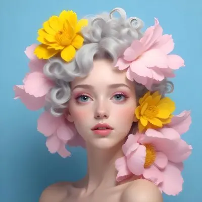 Adorable Cartoon Style A Young Woman With Pale Skin And Curly Light Gray Hair Adorned With Large Pink And Yellow Flowers She Has A Neutral Expression And Is Set Against A Solid Light Blue Background The Flowers Crea 21 73a0