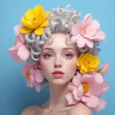 Adorable Cartoon Style A Young Woman With Pale Skin And Curly Light Gray Hair Adorned With Large Pink And Yellow Flowers She Has A Neutral Expression And Is Set Against A Solid Light Blue Background The Flowers Crea 22 F730