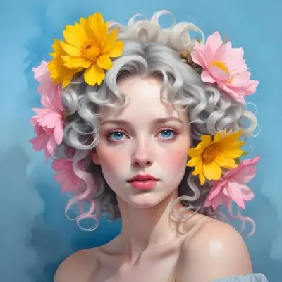 Adorable Cartoon Style A Young Woman With Pale Skin And Curly Light Gray Hair Adorned With Large Pink And Yellow Flowers She Has A Neutral Expression And Is Set Against A Solid Light Blue Background The Flowers Crea 25 6e92