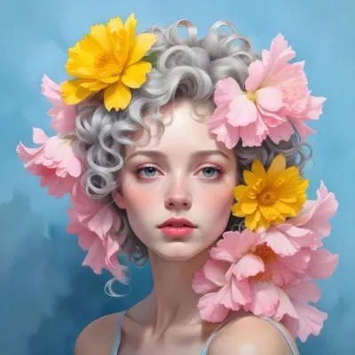 Adorable Cartoon Style A Young Woman With Pale Skin And Curly Light Gray Hair Adorned With Large Pink And Yellow Flowers She Has A Neutral Expression And Is Set Against A Solid Light Blue Background The Flowers Crea 27 3b4a