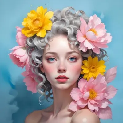 Adorable Cartoon Style A Young Woman With Pale Skin And Curly Light Gray Hair Adorned With Large Pink And Yellow Flowers She Has A Neutral Expression And Is Set Against A Solid Light Blue Background The Flowers Crea 28 Ab27