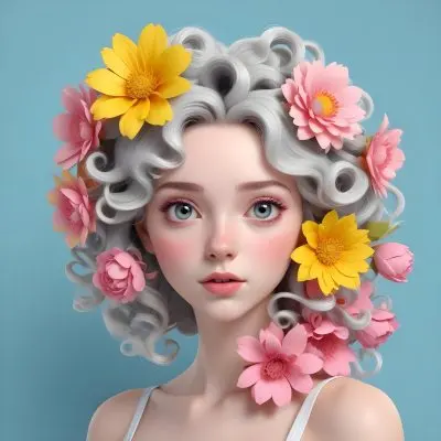 Adorable Cartoon Style A Young Woman With Pale Skin And Curly Light Gray Hair Adorned With Large Pink And Yellow Flowers She Has A Neutral Expression And Is Set Against A Solid Light Blue Background The Flowers Crea 3 7009