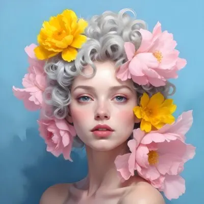 Adorable Cartoon Style A Young Woman With Pale Skin And Curly Light Gray Hair Adorned With Large Pink And Yellow Flowers She Has A Neutral Expression And Is Set Against A Solid Light Blue Background The Flowers Crea 30 Af68