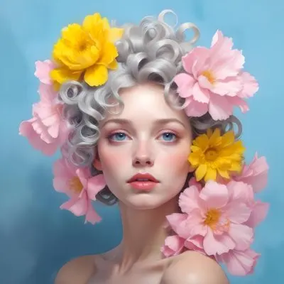 Adorable Cartoon Style A Young Woman With Pale Skin And Curly Light Gray Hair Adorned With Large Pink And Yellow Flowers She Has A Neutral Expression And Is Set Against A Solid Light Blue Background The Flowers Crea 31 7caf