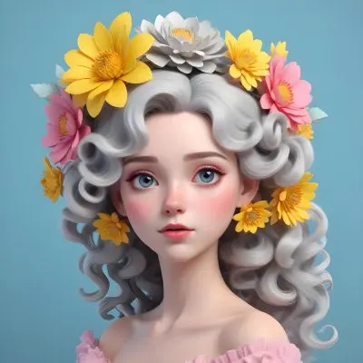 Adorable Cartoon Style A Young Woman With Pale Skin And Curly Light Gray Hair Adorned With Large Pink And Yellow Flowers She Has A Neutral Expression And Is Set Against A Solid Light Blue Background The Flowers Crea 5 59a1