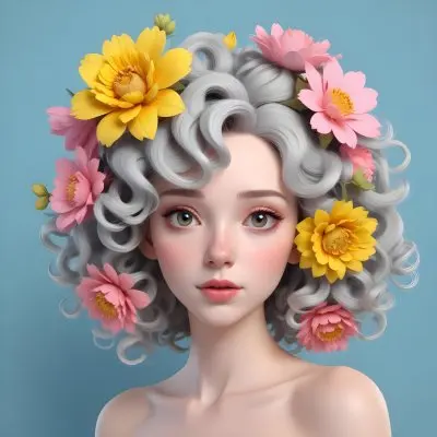 Adorable Cartoon Style A Young Woman With Pale Skin And Curly Light Gray Hair Adorned With Large Pink And Yellow Flowers She Has A Neutral Expression And Is Set Against A Solid Light Blue Background The Flowers Crea 6 4e85