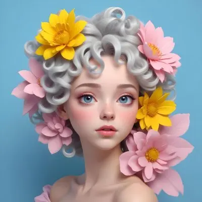 Adorable Cartoon Style A Young Woman With Pale Skin And Curly Light Gray Hair Adorned With Large Pink And Yellow Flowers She Has A Neutral Expression And Is Set Against A Solid Light Blue Background The Flowers Crea 7 7794