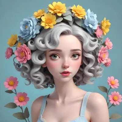 Adorable Cartoon Style A Young Woman With Pale Skin And Curly Light Gray Hair Adorned With Large Pink And Yellow Flowers She Has A Neutral Expression And Is Set Against A Solid Light Blue Background The Flowers Crea 8 26d3