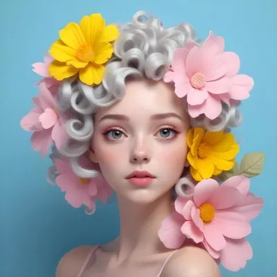 Adorable Cartoon Style A Young Woman With Pale Skin And Curly Light Gray Hair Adorned With Large Pink And Yellow Flowers She Has A Neutral Expression And Is Set Against A Solid Light Blue Background The Flowers Crea 9 09bc