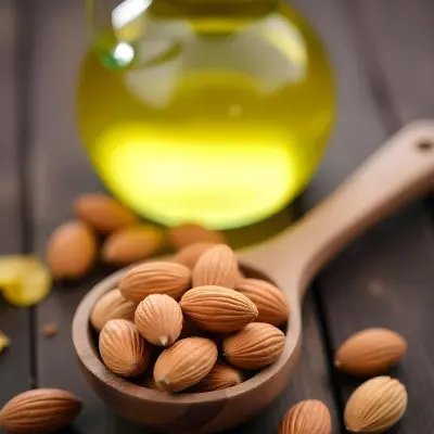 Almonds And Yellow Leaves In A Wooden Spoon With A Glass Bottle Full Of Green Oil On A Dark Wooden Table 16 Efae