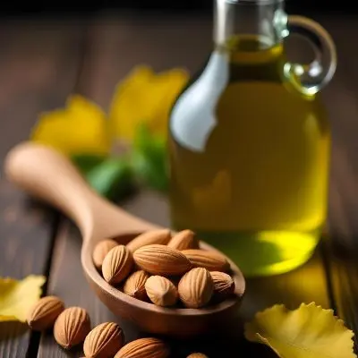 Almonds And Yellow Leaves In A Wooden Spoon With A Glass Bottle Full Of Green Oil On A Dark Wooden Table 2 5ff3