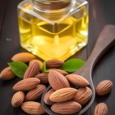 Almonds And Yellow Leaves In A Wooden Spoon With A Glass Bottle Full Of Green Oil On A Dark Wooden Table 3 10d5