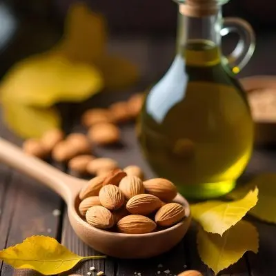 Almonds And Yellow Leaves In A Wooden Spoon With A Glass Bottle Full Of Green Oil On A Dark Wooden Table 30 8ab0