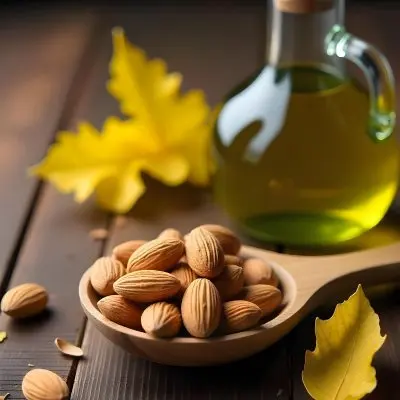 Almonds And Yellow Leaves In A Wooden Spoon With A Glass Bottle Full Of Green Oil On A Dark Wooden Table 6 Af23
