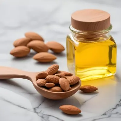 Almonds In A Wooden Spoon With A Bottle Of Almond Oil In The Background On A Wooden Surface 2 4418