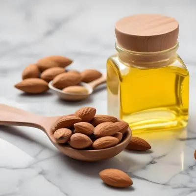 Almonds In A Wooden Spoon With A Bottle Of Almond Oil In The Background On A Wooden Surface 3 B7cf