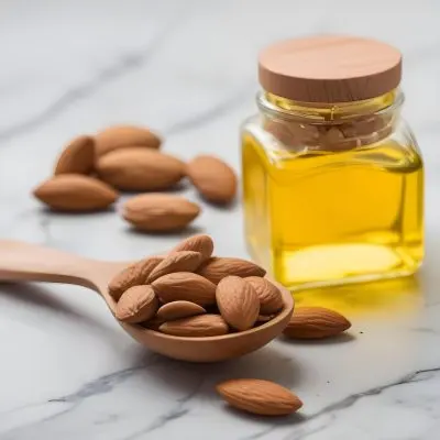 Almonds In A Wooden Spoon With A Bottle Of Almond Oil In The Background On A Wooden Surface 4 F06e