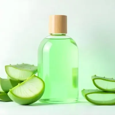Aloe Vera Gel In A Transparent Bottle With A Wooden Cap Aloe Vera Leaves And Slices In A White Background 12 3328
