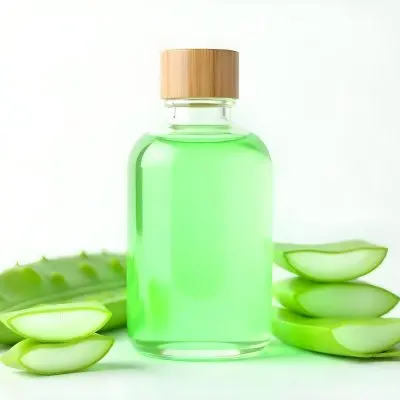 Aloe Vera Gel In A Transparent Bottle With A Wooden Cap Aloe Vera Leaves And Slices In A White Background 14 2ceb