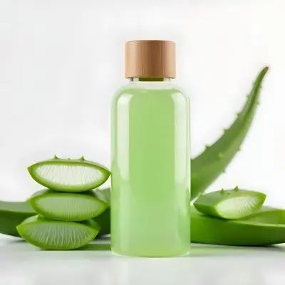 Aloe Vera Gel In A Transparent Bottle With A Wooden Cap Aloe Vera Leaves And Slices In A White Background 15 F487