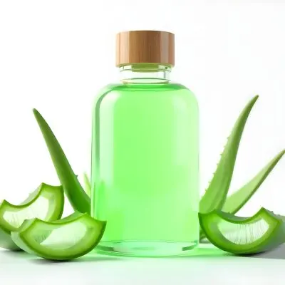 Aloe Vera Gel In A Transparent Bottle With A Wooden Cap Aloe Vera Leaves And Slices In A White Background 16 0a67