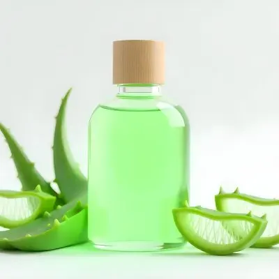 Aloe Vera Gel In A Transparent Bottle With A Wooden Cap Aloe Vera Leaves And Slices In A White Background 18 1cdc