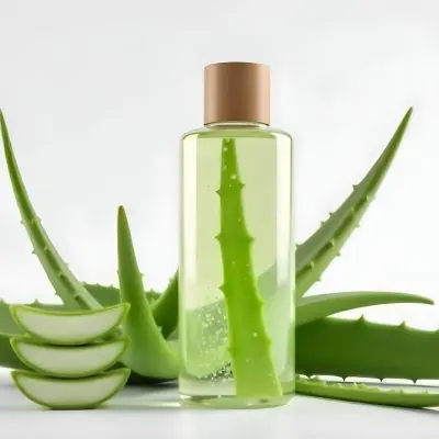 Aloe Vera Gel In A Transparent Bottle With A Wooden Cap Aloe Vera Leaves And Slices In A White Background 19 F367