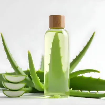Aloe Vera Gel In A Transparent Bottle With A Wooden Cap Aloe Vera Leaves And Slices In A White Background 21 Cdab